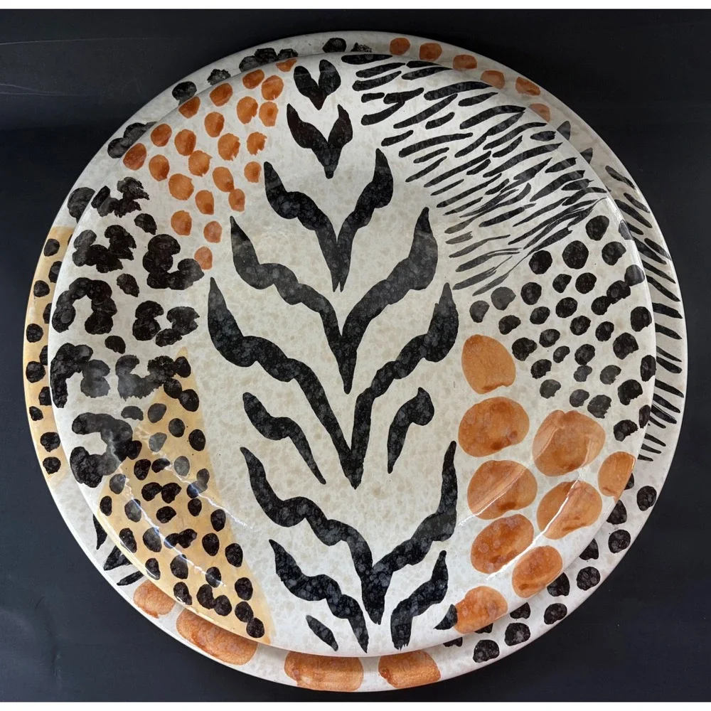 Set of 2 Animal Print Ceramic Plates Mixed Leopard Zebra Giraffe Vintage Kitchen